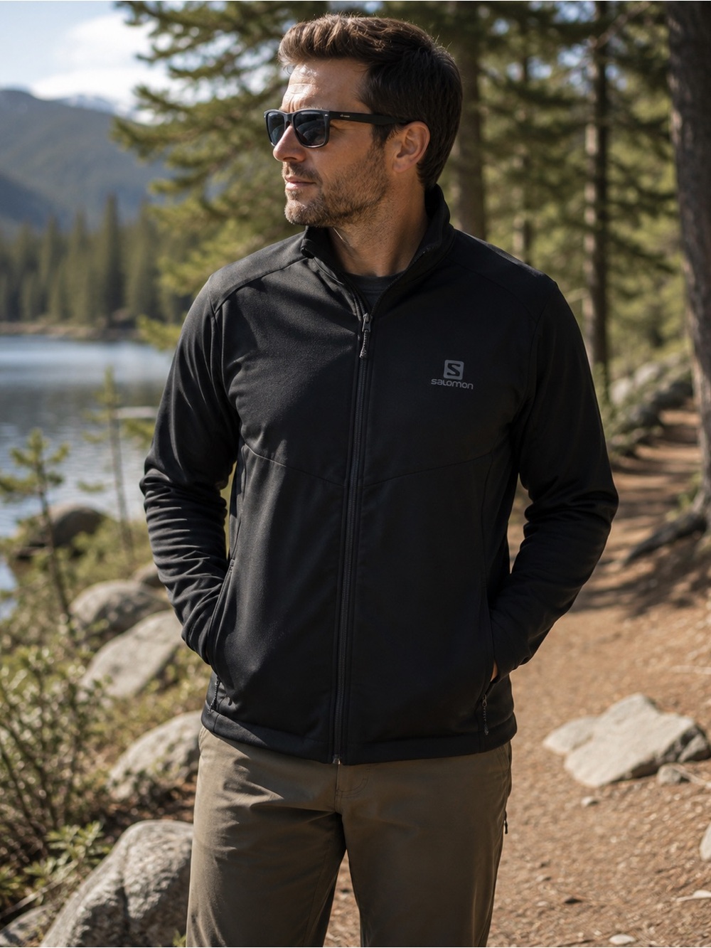 Salomon Men’s Softshell Fleece Jacket Black Full Zip Outdoor Hiking Size Medium